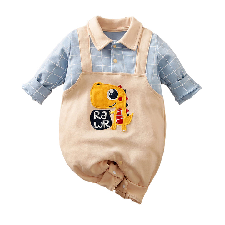 Kids Blue & Beige Checked Applique Patch Pure Cotton Rompers