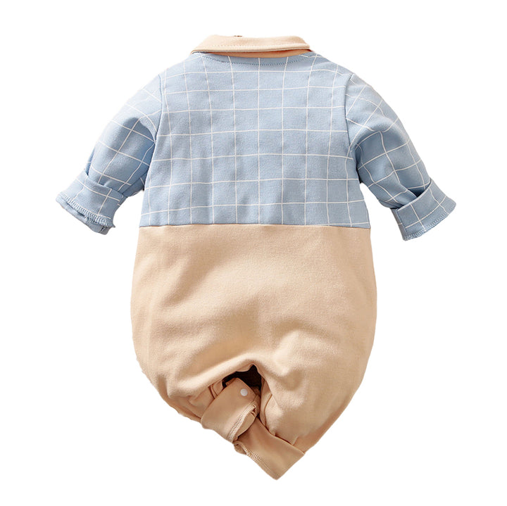 Kids Blue & Beige Checked Applique Patch Pure Cotton Rompers