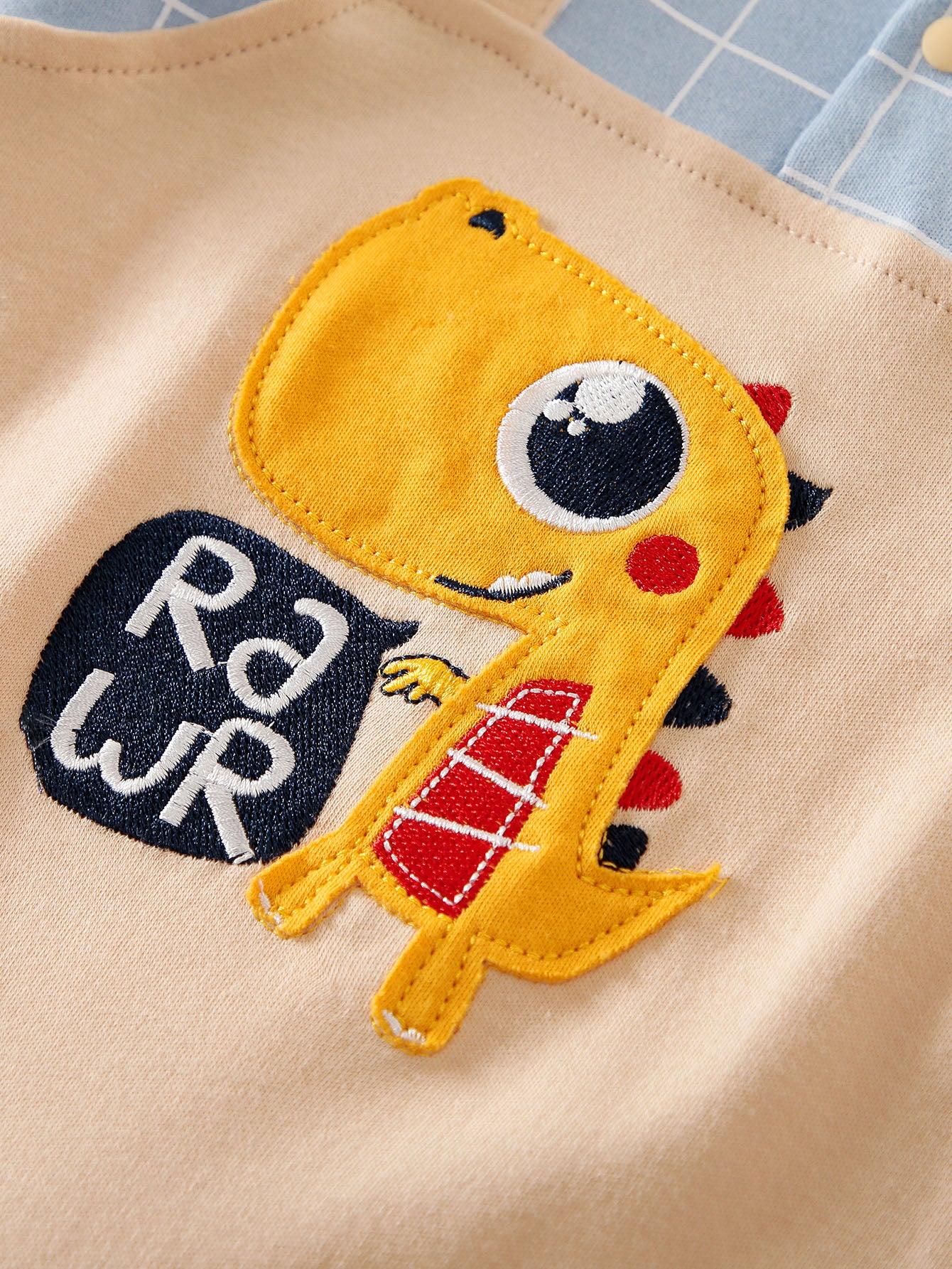 Kids Blue & Beige Checked Applique Patch Pure Cotton Rompers