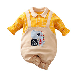 Infants Kids Yellow & Beige Checked Cotton Rompers