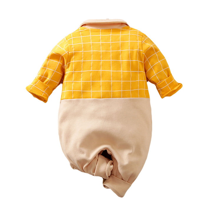 Infants Kids Yellow & Beige Checked Cotton Rompers