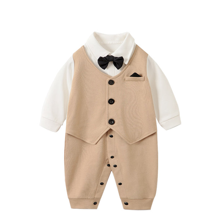 Infant Boys Beige & White Cotton Rompers