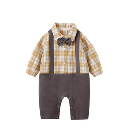 Infant Boys Yellow & Khaki-Coloured Checked Cotton Rompers