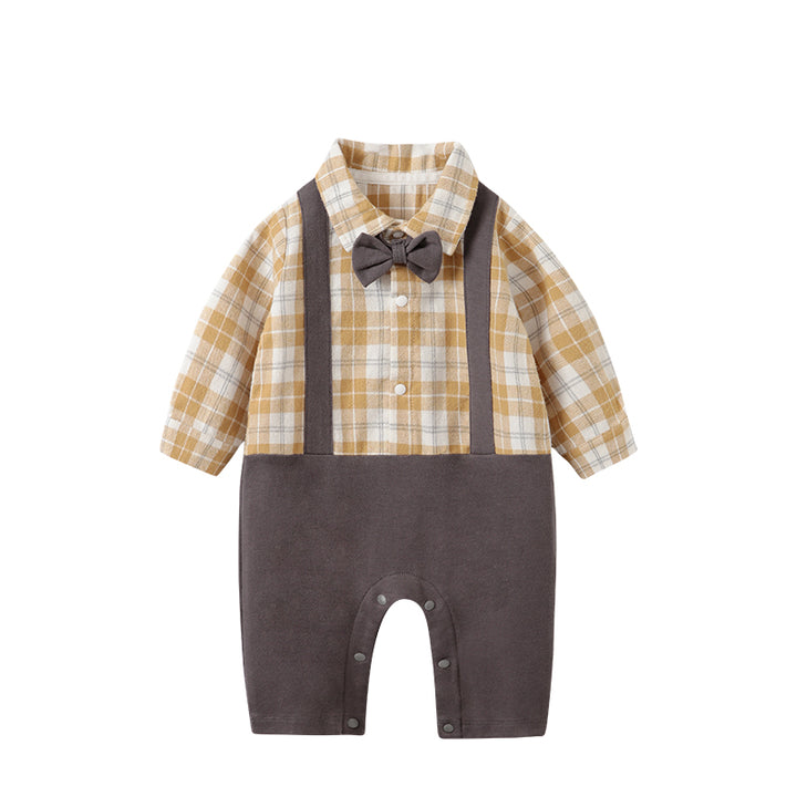 Infant Boys Yellow & Khaki-Coloured Checked Cotton Rompers