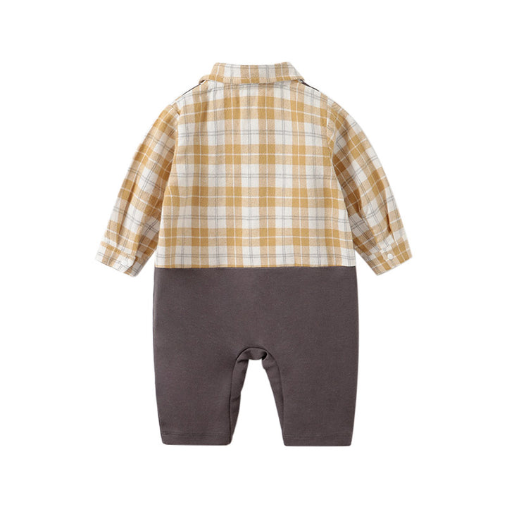 Infant Boys Yellow & Khaki-Coloured Checked Cotton Rompers