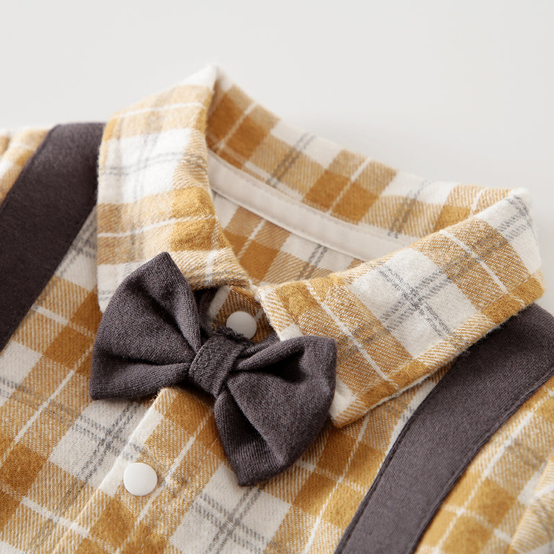 Infant Boys Yellow & Khaki-Coloured Checked Cotton Rompers