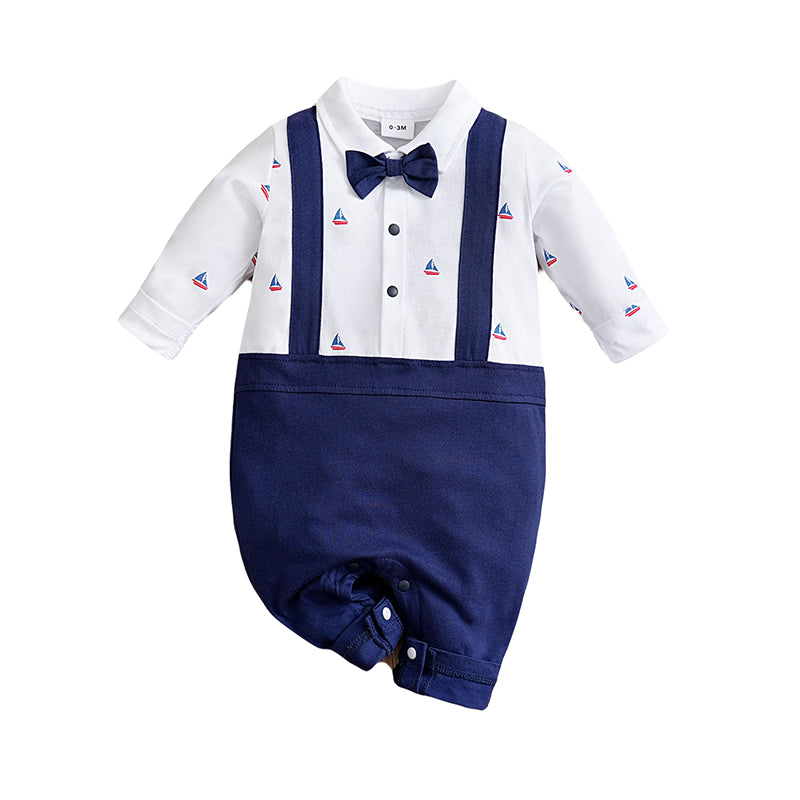 Infant Boys White Printed Pure Cotton Rompers