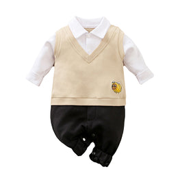 Beige Infants Boys Cotton Rompers With Attached Waistcoat