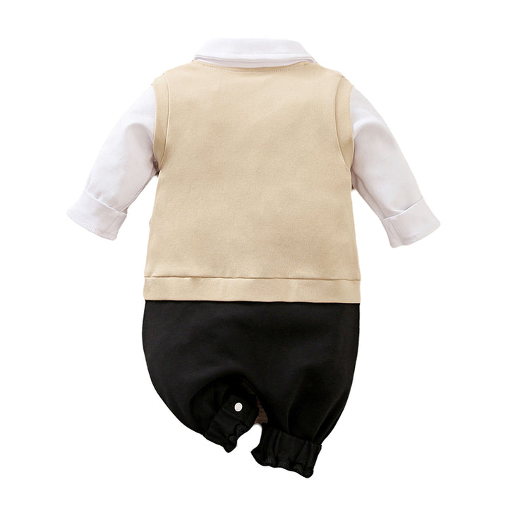 Beige Infants Boys Cotton Rompers With Attached Waistcoat