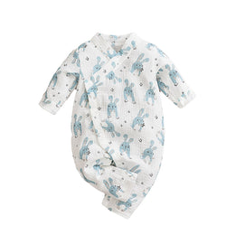 Infants White & Blue Printed Cotton Rompers