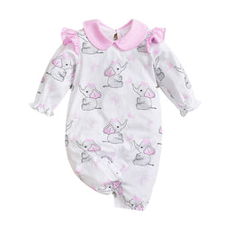 Infant Girls Pink Printed Peter Pan Collar Ruffled Cotton Rompers