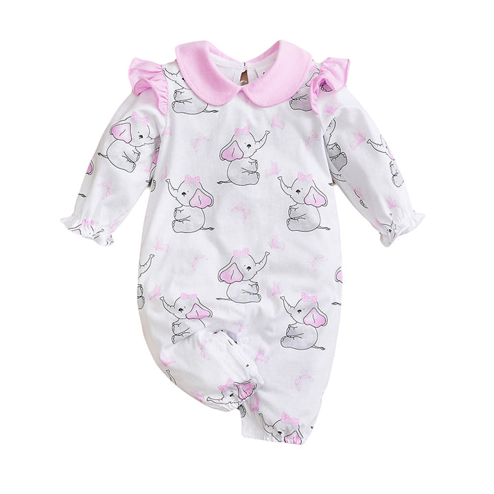 Infant Girls Pink Printed Peter Pan Collar Ruffled Cotton Rompers