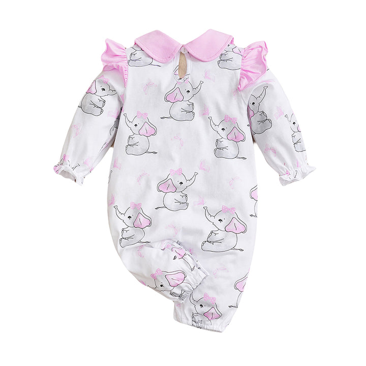 Infant Girls Pink Printed Peter Pan Collar Ruffled Cotton Rompers