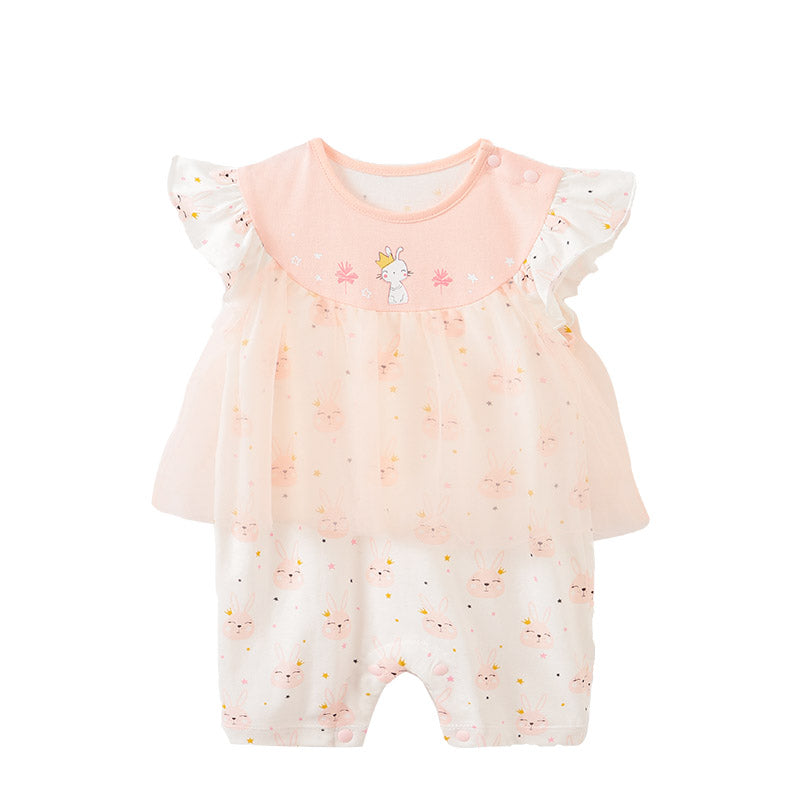 Infant Girls Peach Conversatinal Printed Cotton Rompers