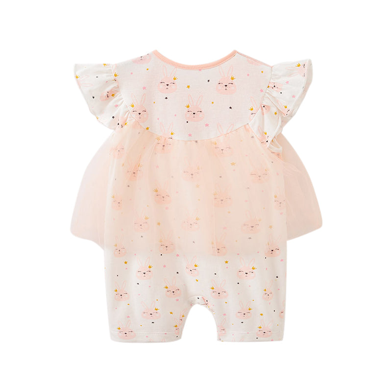 Infant Girls Peach Conversatinal Printed Cotton Rompers
