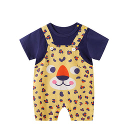 Infants Boys Yellow Printed Round Neck Short Sleeve Cotton Rompers