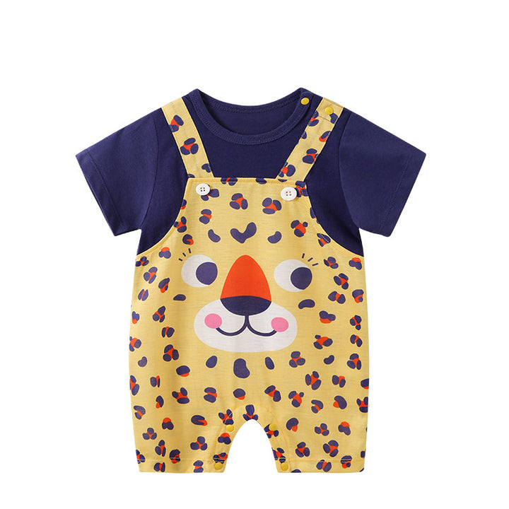 Infants Boys Yellow Printed Round Neck Short Sleeve Cotton Rompers
