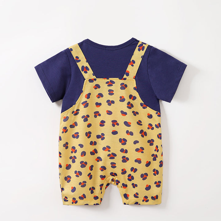 Infants Boys Yellow Printed Round Neck Short Sleeve Cotton Rompers