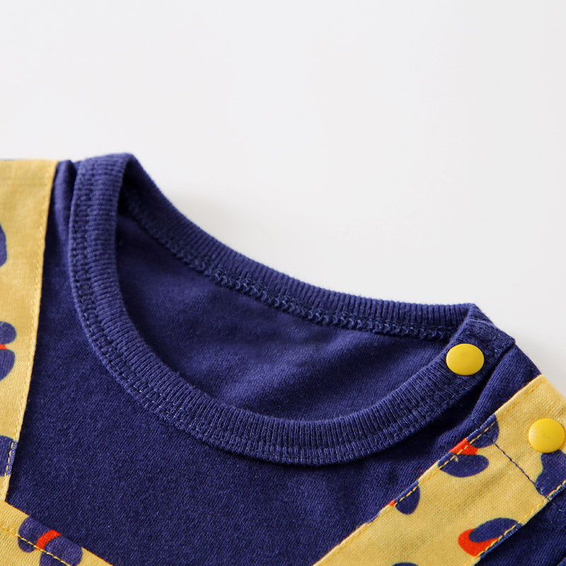 Infants Boys Yellow Printed Round Neck Short Sleeve Cotton Rompers