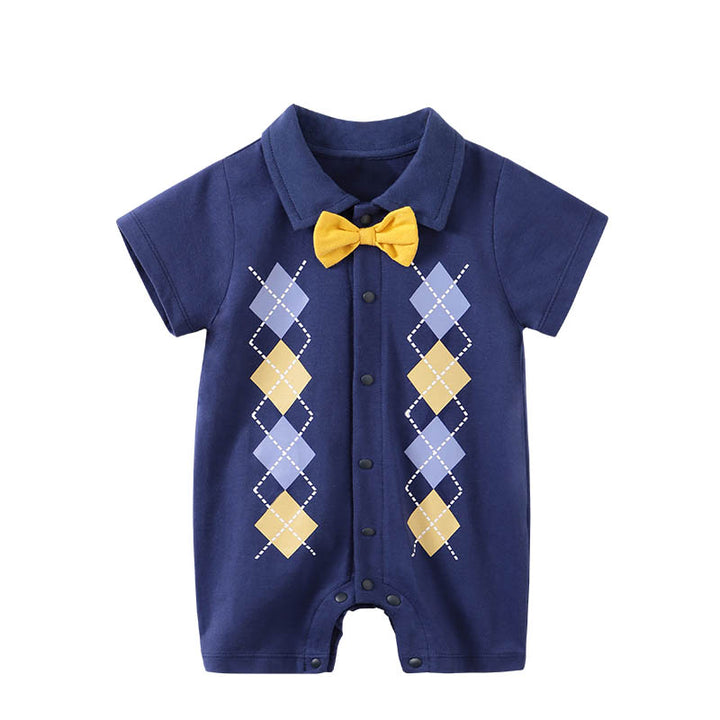 Navy Blue & Yellow Infant Boys Geometric Printed Cotton Rompers