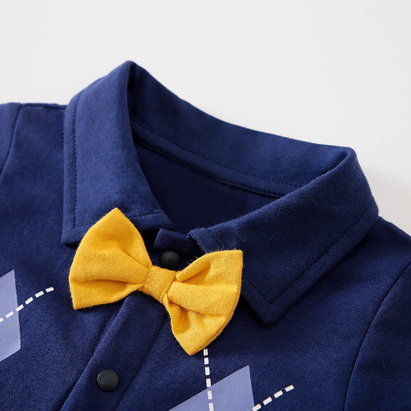 Navy Blue & Yellow Infant Boys Geometric Printed Cotton Rompers