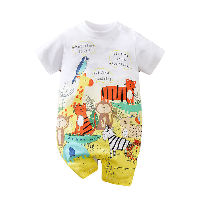 Infant White Conversational Printed Cotton Rompers