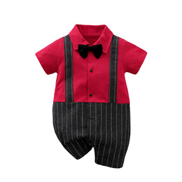 Infant Boys Red & Black Striped Pure Cotton Rompers