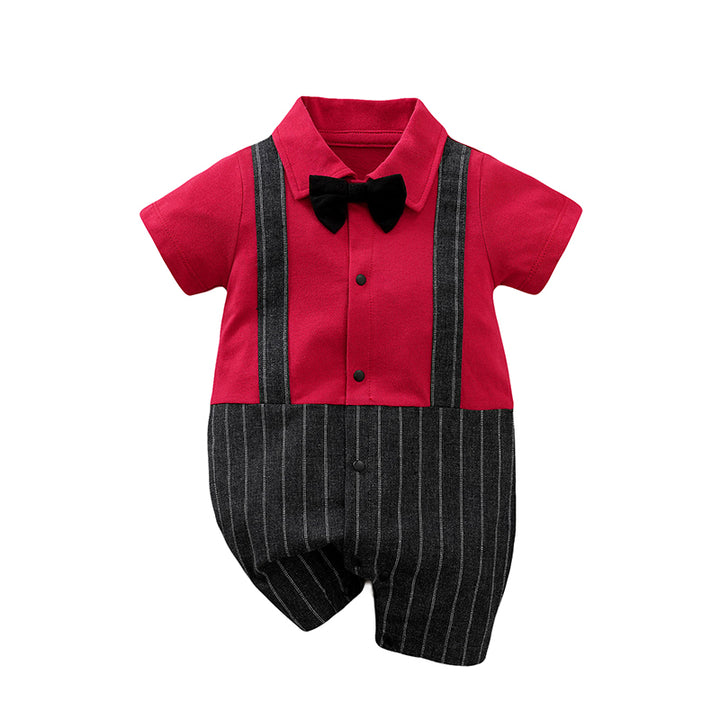 Infant Boys Red & Black Striped Pure Cotton Rompers