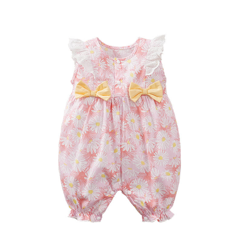 Infant Girls Pink Floral Printed Cotton Rompers