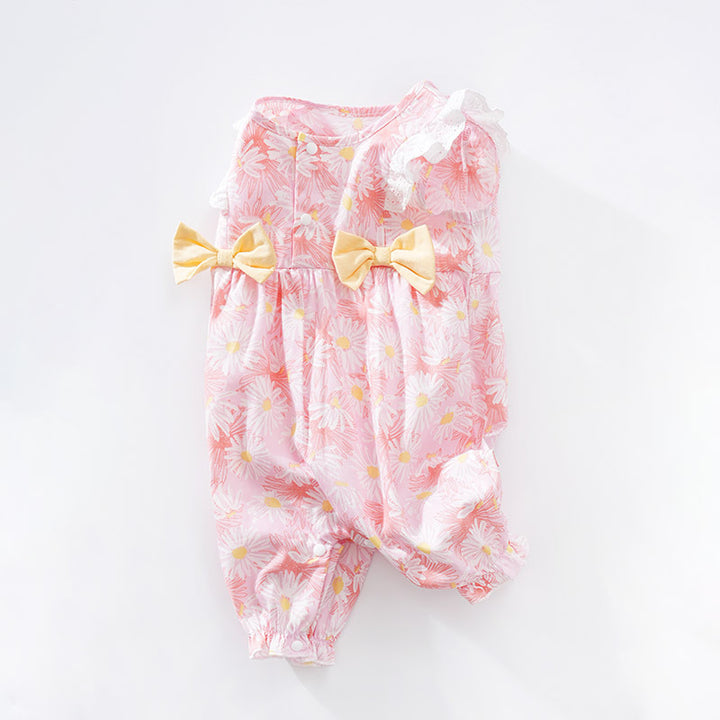 Infant Girls Pink Floral Printed Cotton Rompers