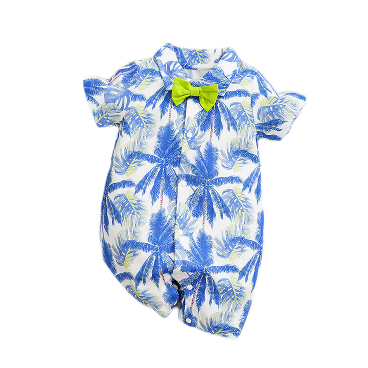 Infant Boys White & Blue Tropical Printed Cotton Rompers