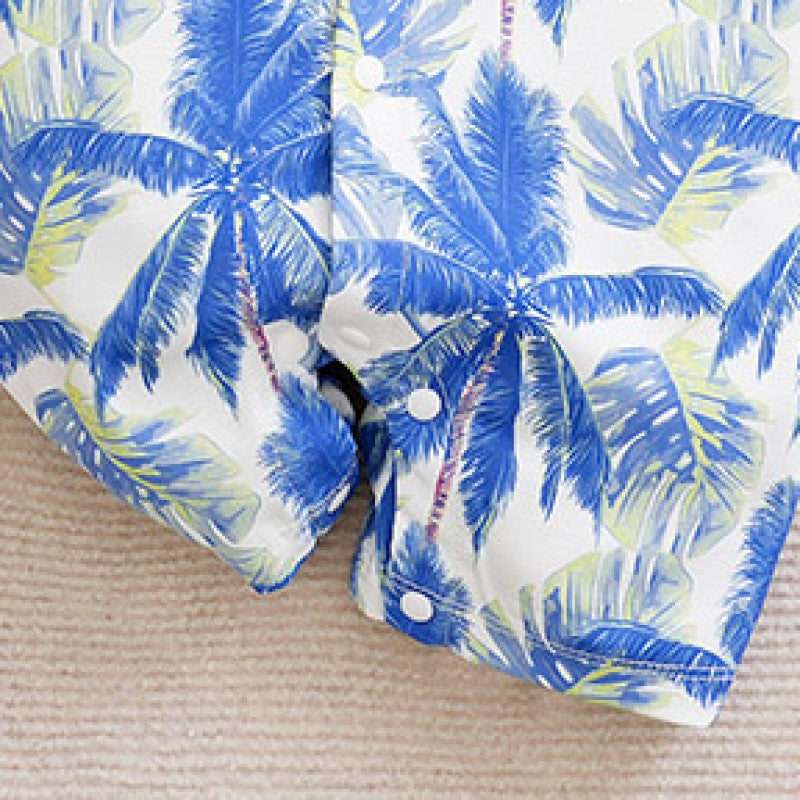 Infant Boys White & Blue Tropical Printed Cotton Rompers