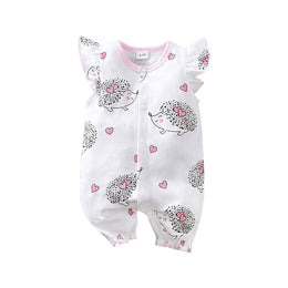 Infant Girls Pink Conversational Printed Flutter Sleeves Pure Cotton Rompers