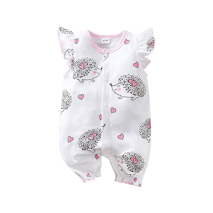 Infant Girls Pink Conversational Printed Flutter Sleeves Pure Cotton Rompers