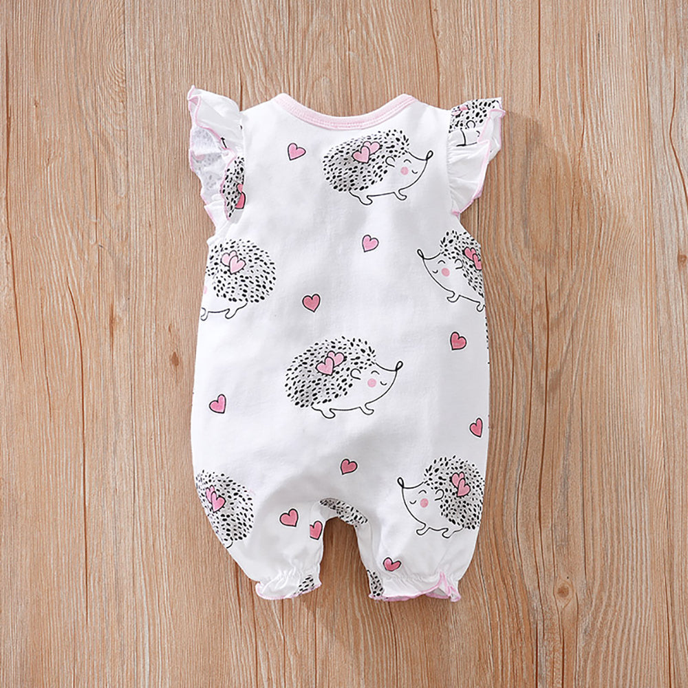 Infant Girls Pink Conversational Printed Flutter Sleeves Pure Cotton Rompers