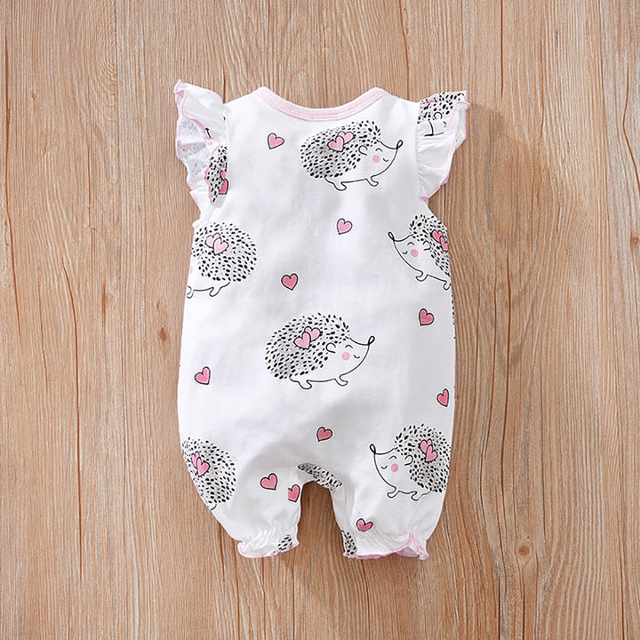 Infant Girls Pink Conversational Printed Flutter Sleeves Pure Cotton Rompers