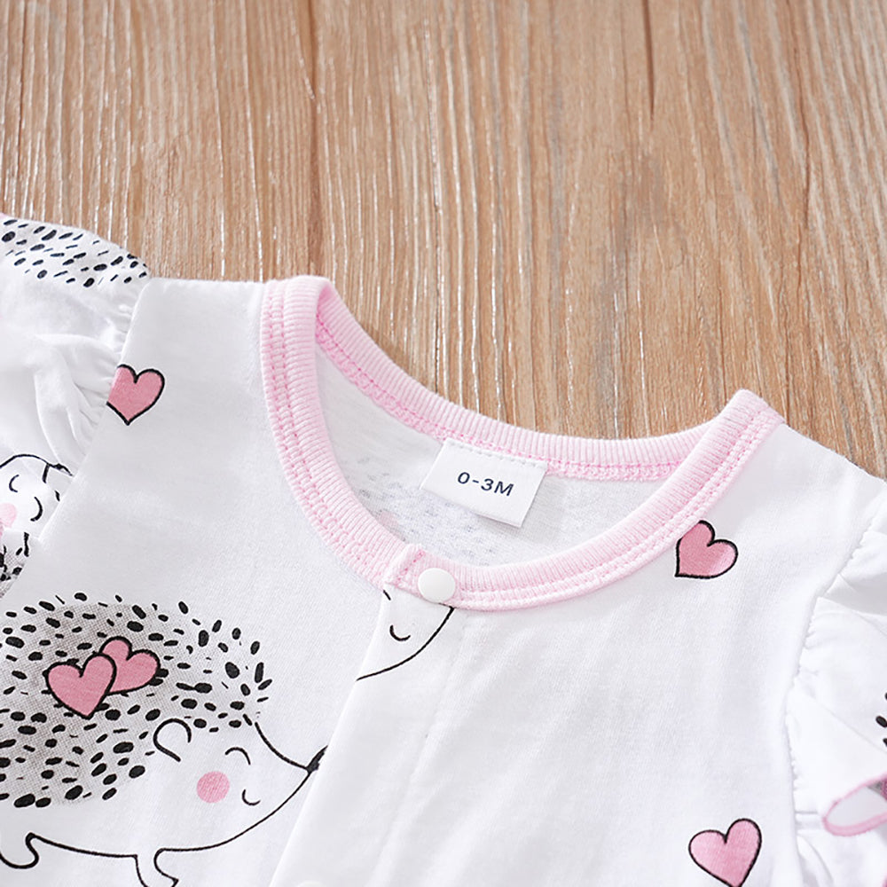 Infant Girls Pink Conversational Printed Flutter Sleeves Pure Cotton Rompers