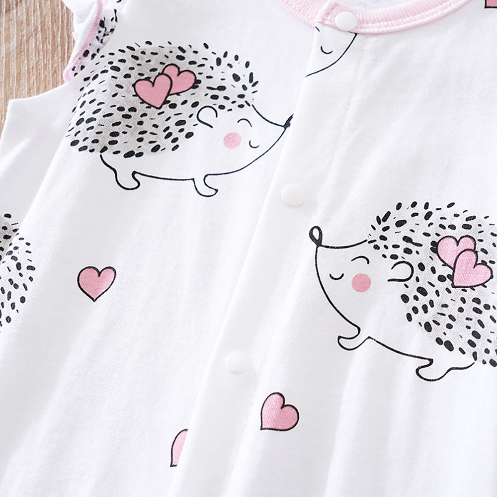 Infant Girls Pink Conversational Printed Flutter Sleeves Pure Cotton Rompers