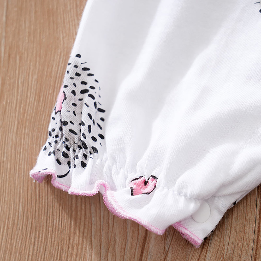 Infant Girls Pink Conversational Printed Flutter Sleeves Pure Cotton Rompers