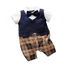 Navy Blue Infants Boys Checked Cotton Rompers