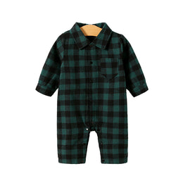 Infant Boys Green & Black Checked Cotton Rompers