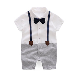 Infant Boys White & Black Cotton Rompers With Bow