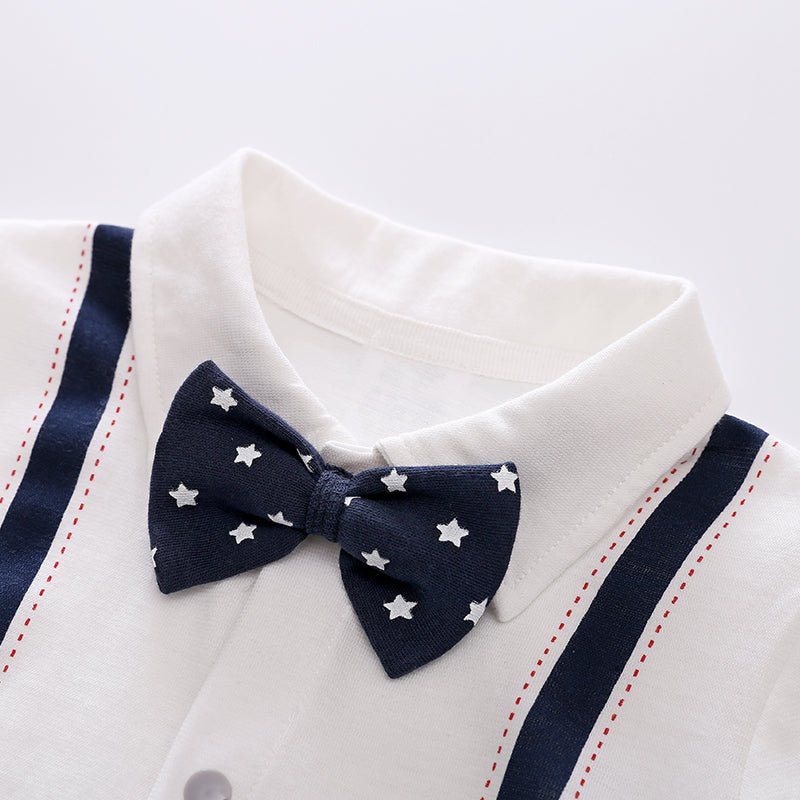 Infant Boys White & Black Cotton Rompers With Bow