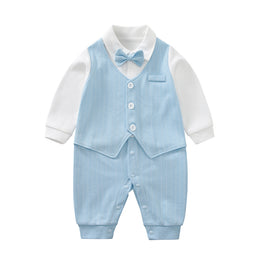Infant Boys Blue & White Shirt Collar Cotton Rompers