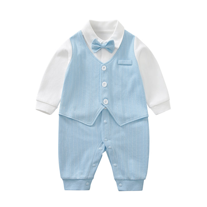 Infant Boys Blue & White Shirt Collar Cotton Rompers