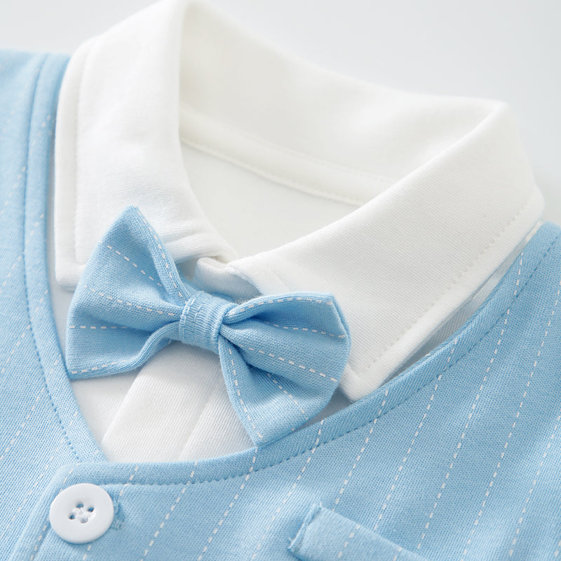 Infant Boys Blue & White Shirt Collar Cotton Rompers