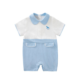 Infant Boys Blue White Colourblocked Cotton Rompers