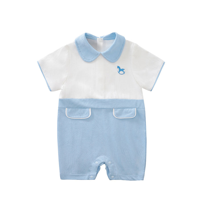 Infant Boys Blue White Colourblocked Cotton Rompers