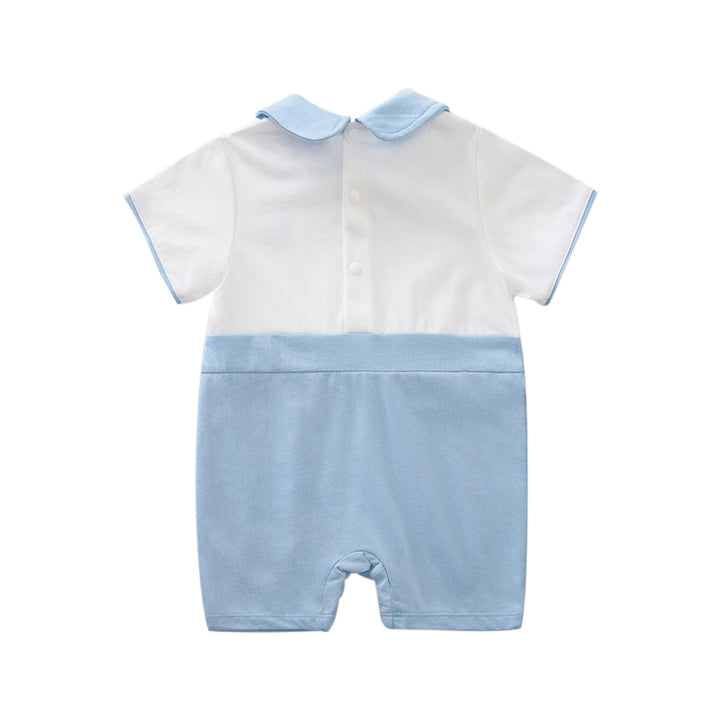 Infant Boys Blue White Colourblocked Cotton Rompers
