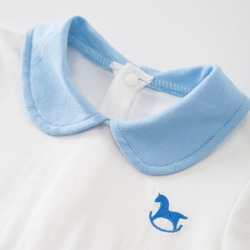 Infant Boys Blue White Colourblocked Cotton Rompers